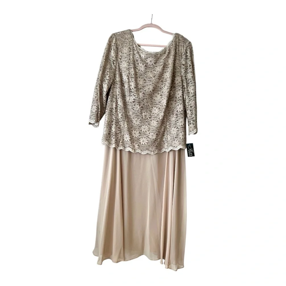 NWT Alex Evenings Crew Neck 3/4 Sleeve Sequin Lace Dress- Taupe 24W - Picture 1 of 7